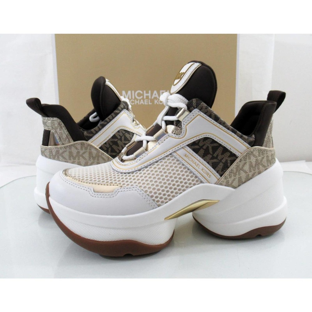 Michael Kors Olympia Trainer Lace Up Wedge Sneakers MK Logo Pale Gold - Picture 4 of 10